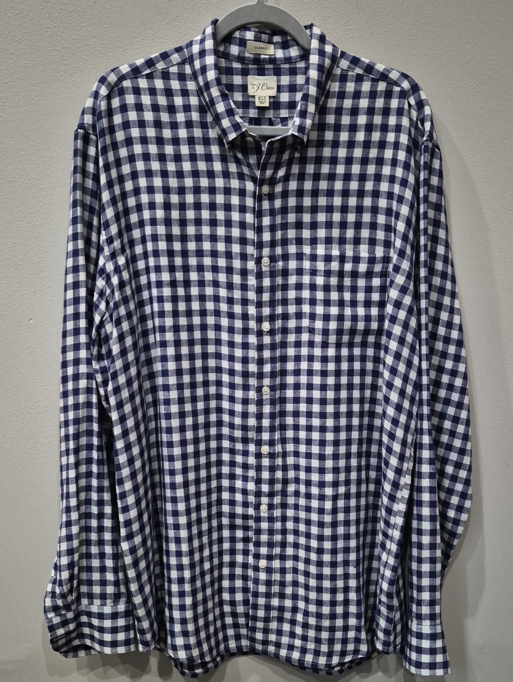 J. Crew Irish Linen Navy and White Gingham Button-Down Shirt Mens XLT Preppy